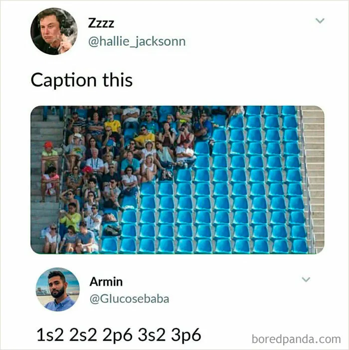 Clever science meme with a crowd clustered on one side of blue stadium seats, humorously captioned with electron configuration.