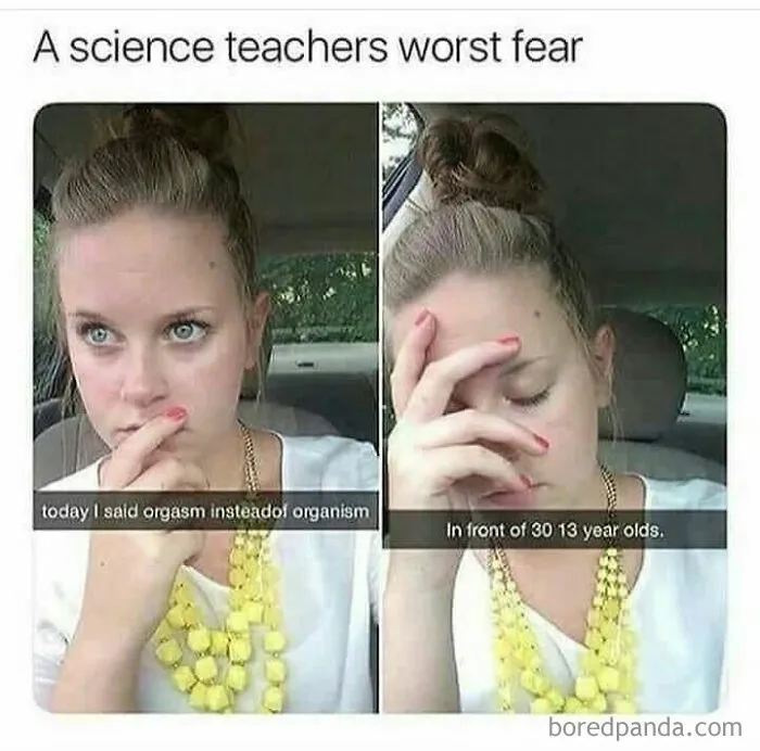 Woman facepalming, regretting a verbal slip in a science class, blending clever humor with knowledge.