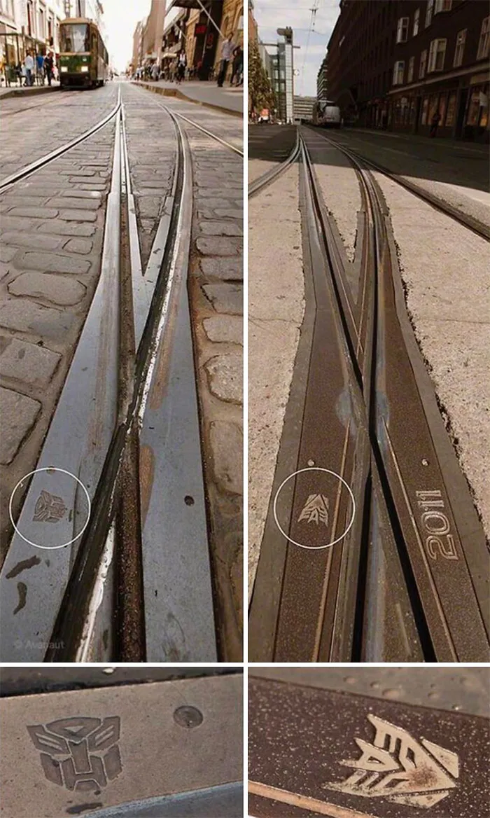 Puedes encontrar logotipos de Transformers en dos puntos de las vías del tranvía en Helsinki, Finlandia. Nadie sabe de dónde vienen