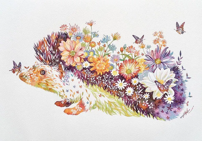 Japanese Artist Depicts Cats, Dogs, And Other Animals Using Watercolor Flower Arrangements (30 Pics)