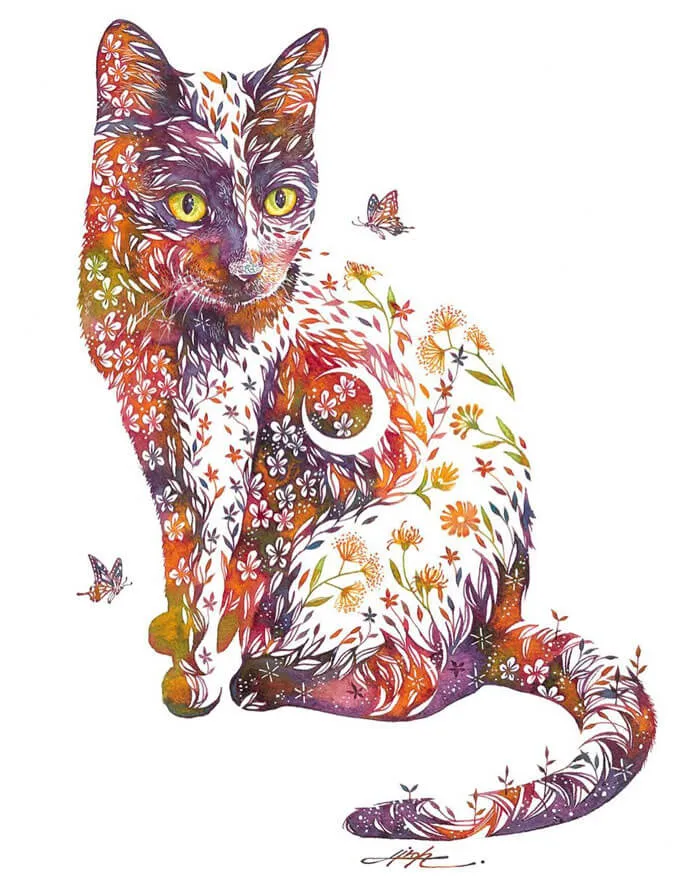 Japanese Artist Depicts Cats, Dogs, And Other Animals Using Watercolor Flower Arrangements (30 Pics)
