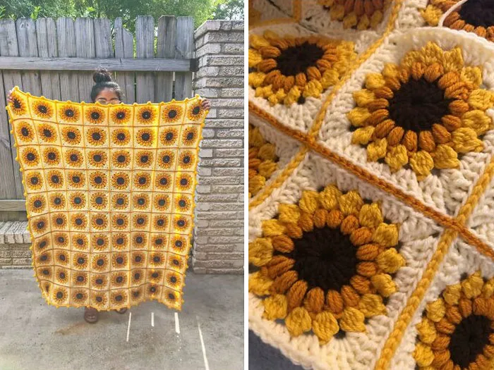 Una manta de girasol que tejí como regalo de inauguración de la casa