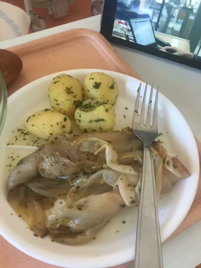 La comida del hospital francés es cada vez peor: patatas y lo que creo que era una col hervida