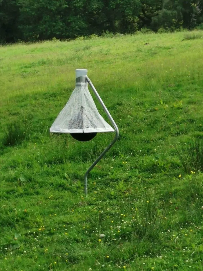 Heavy Black Balloon (?) Hanging Under White Net In A Field