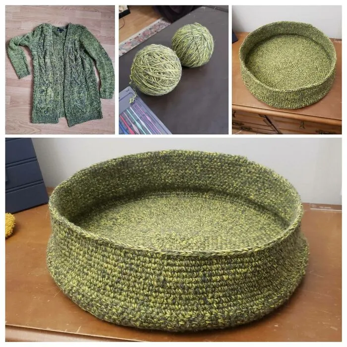 Picked Up A Used Cardigan That Turned Out To Look Much Better In The Picture Than In Person, So I Turned It Back To Yarn And Crocheted The Yarn Into A Cat Bed (I Didn't Use A Pattern)