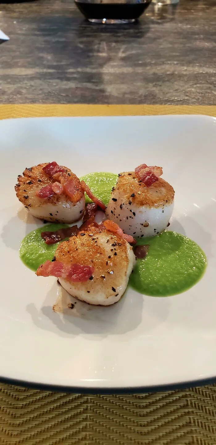My 18yo Son Just Made Me Seared Scallops With A Pea Puree And Carmelized Bacon For My 49th Birthday. 1st Course!