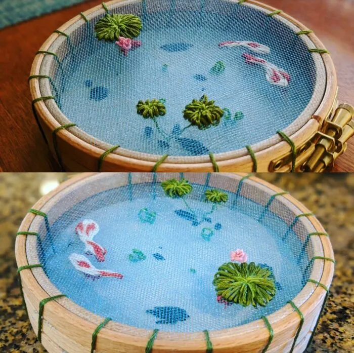 Tried My Hand At That Koi Pond Embroidery. I Love How It Turned Out! It's A Gift For My Sister Who Loves Koi