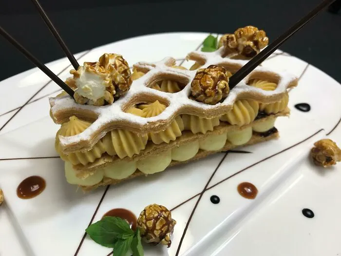 Caramel And Custard Napoleon, Puff Pastry, Caramel Corn And Honeycomb Pastry Top
