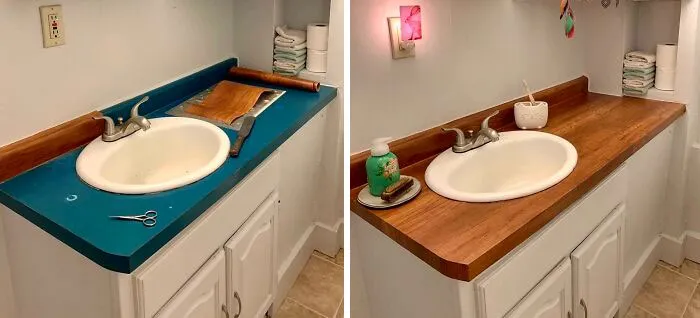 Amigos ahorradores, acabo de hacer que el mostrador de mi baño tenga este aspecto con un rollo de papel adhesivo de 11,99 dólares. Ahora quiero cubrir todo con él