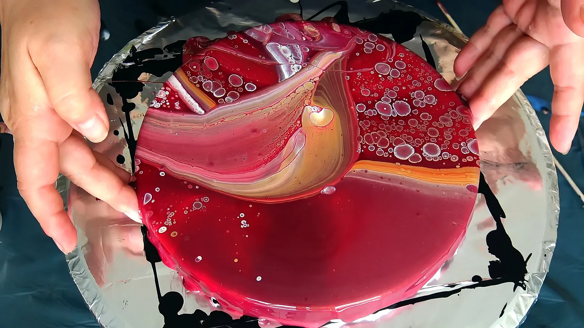 Red Planet ~ Flip Cup Acrylic Pour Painting ~ Fluid Art Technique ~ Cells With Pearl White