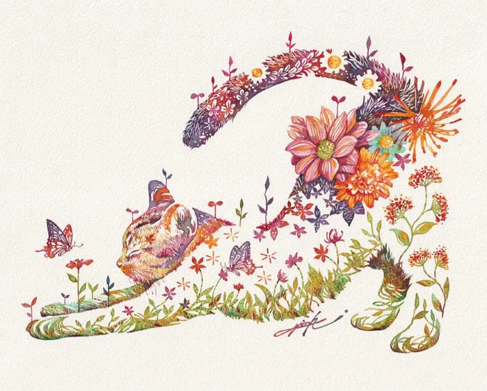 Japanese Artist Depicts Cats, Dogs, And Other Animals Using Watercolor Flower Arrangements (30 Pics)