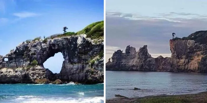 Natural rock formations by the sea showing nature made people go well that sucks moments with unusual shapes and trees.