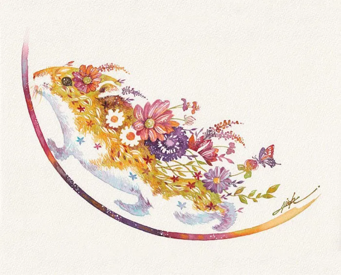 Japanese Artist Depicts Cats, Dogs, And Other Animals Using Watercolor Flower Arrangements (30 Pics)