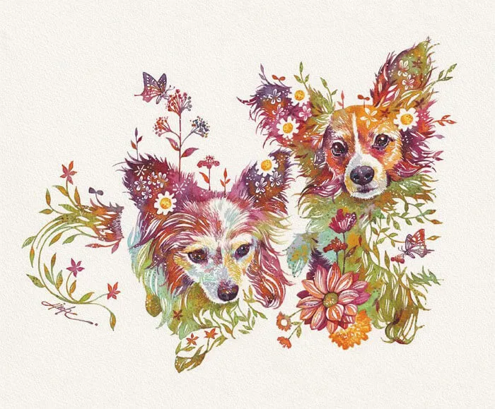 Japanese Artist Depicts Cats, Dogs, And Other Animals Using Watercolor Flower Arrangements (30 Pics)