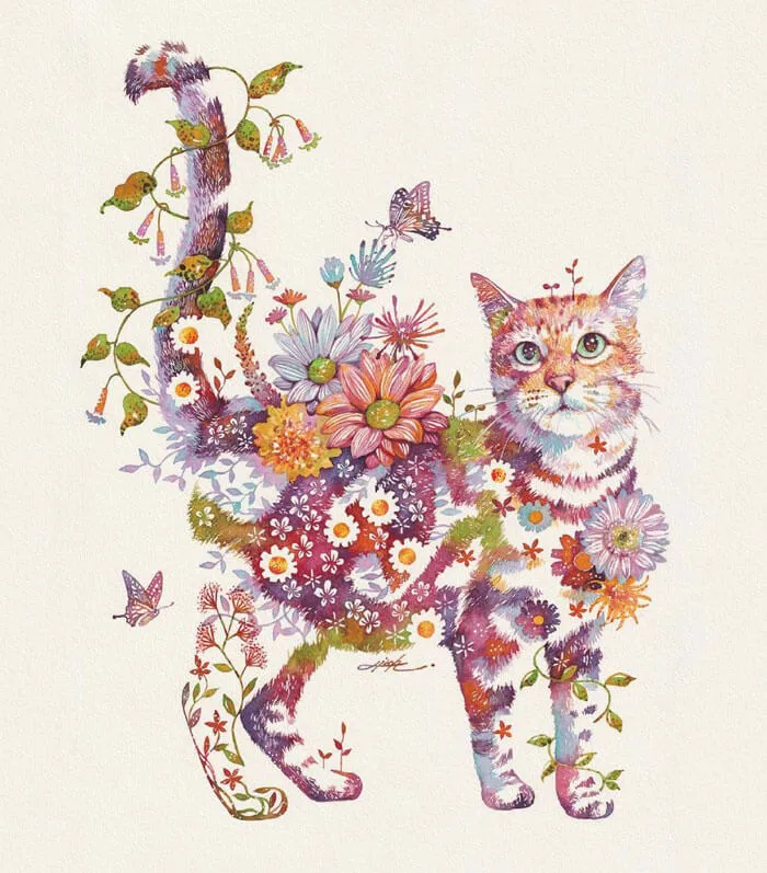 Japanese Artist Depicts Cats, Dogs, And Other Animals Using Watercolor Flower Arrangements (30 Pics)