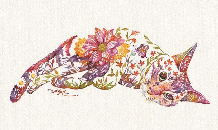 Japanese Artist Depicts Cats, Dogs, And Other Animals Using Watercolor Flower Arrangements (30 Pics)