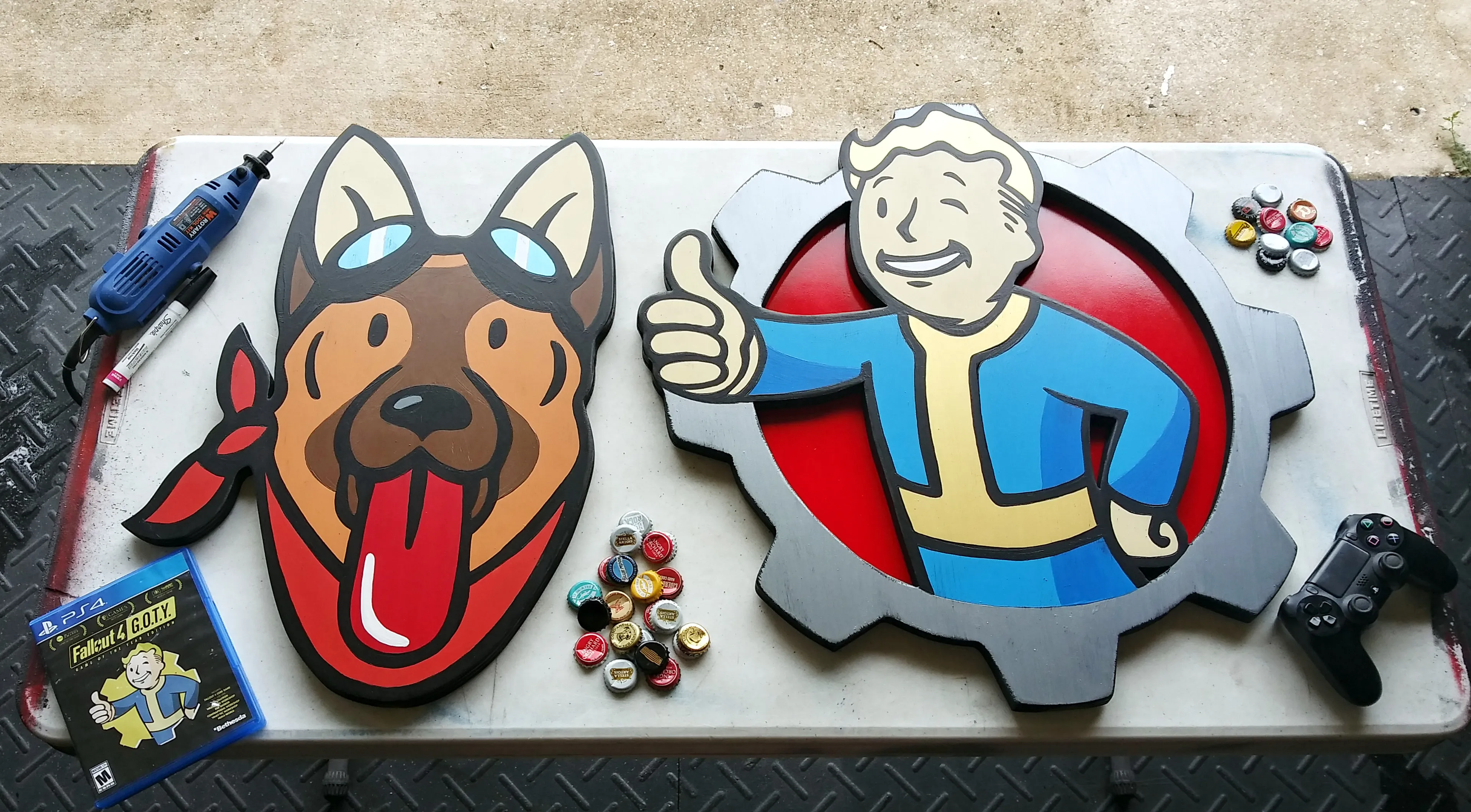 Dogmeat (Aka River) And Vault Boy Made Out Of Wood By Hand