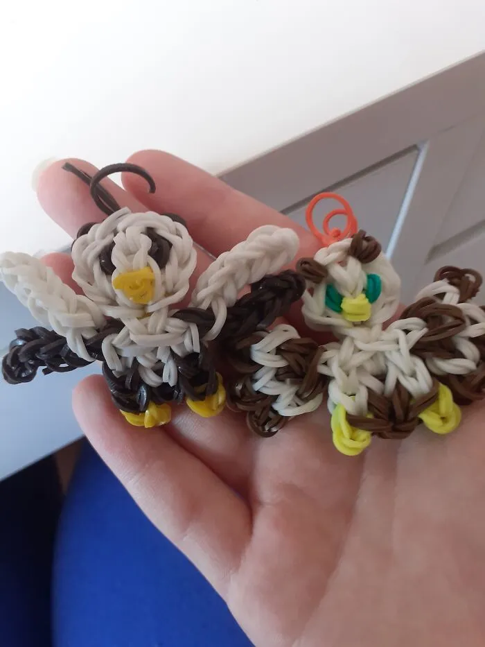 I Make Little Figures And Bracelets From Rubber Bands (Looming). I Used To Watch Videos On How To Make Certain Things, But Now I Try To Invent Them Myself. Left Is The First Figure I Ever Created Myself (Around 2015) And Right Is How I Recreated It A Few Days Ago