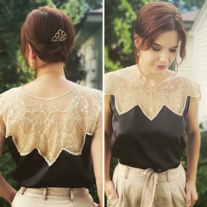 Blusa de diseño propio, hecha con seda y un antiguo cuello de encaje. Me encanta la moda eduardiana, por lo que intento incorporar ese estilo en mi guardarropa cada vez más