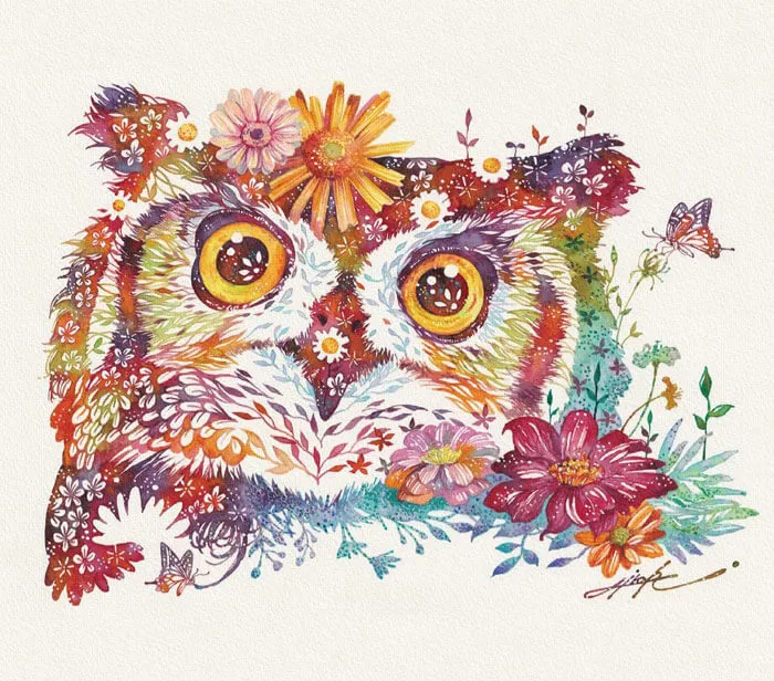 Japanese Artist Depicts Cats, Dogs, And Other Animals Using Watercolor Flower Arrangements (30 Pics)