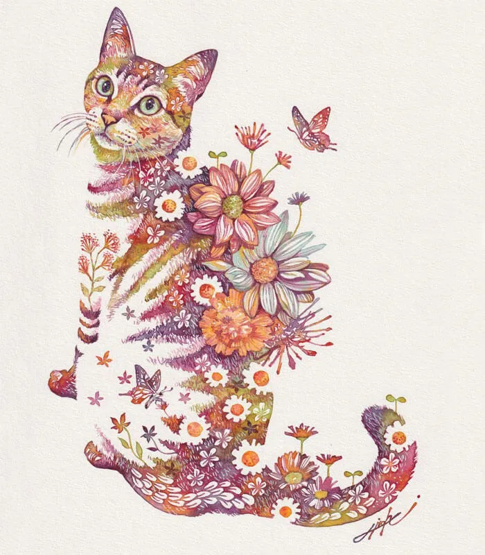 Japanese Artist Depicts Cats, Dogs, And Other Animals Using Watercolor Flower Arrangements (30 Pics)