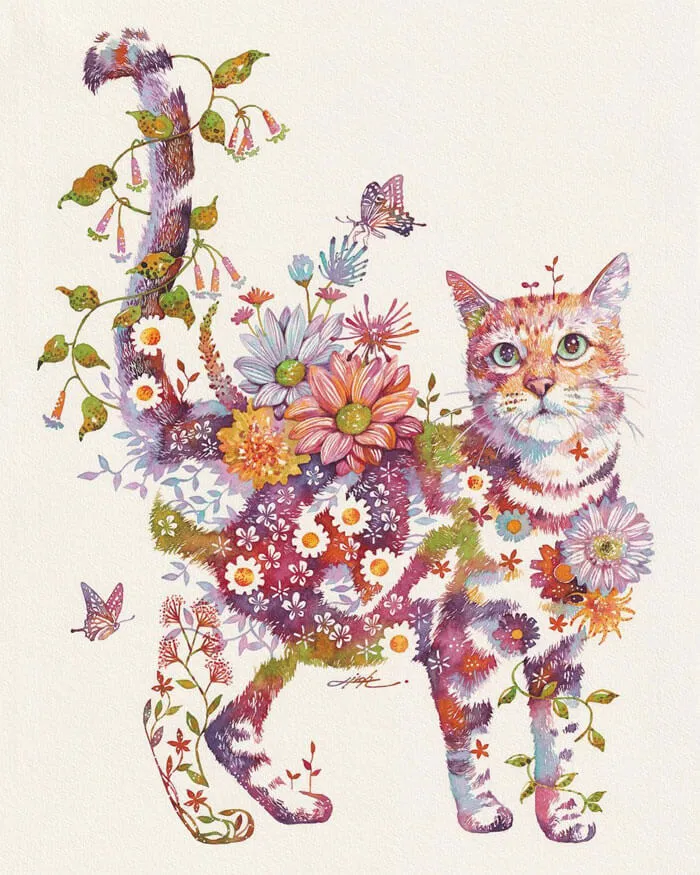 Japanese Artist Depicts Cats, Dogs, And Other Animals Using Watercolor Flower Arrangements (30 Pics)
