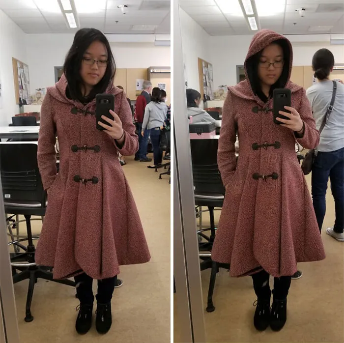 Patrón Simplicity 8262, al que modifiqué para que tuviese una capucha en vez de un cuello doble. Ahora, solo queda caminar con un aspecto dramático