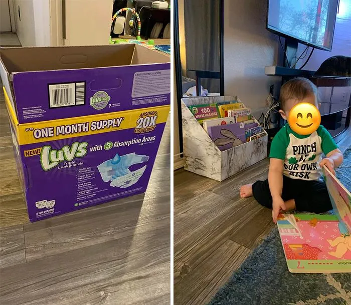 Repurposed A Diaper Box + Some Contact Paper Into A Little Bookcase For My Son