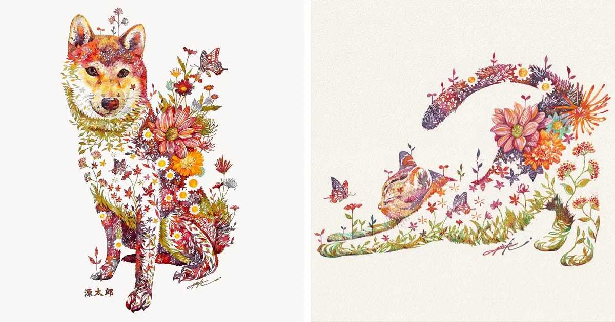 Este artista japonés representa gatos, perros y otros animales con arreglos florales en acuarela (30 imágenes)