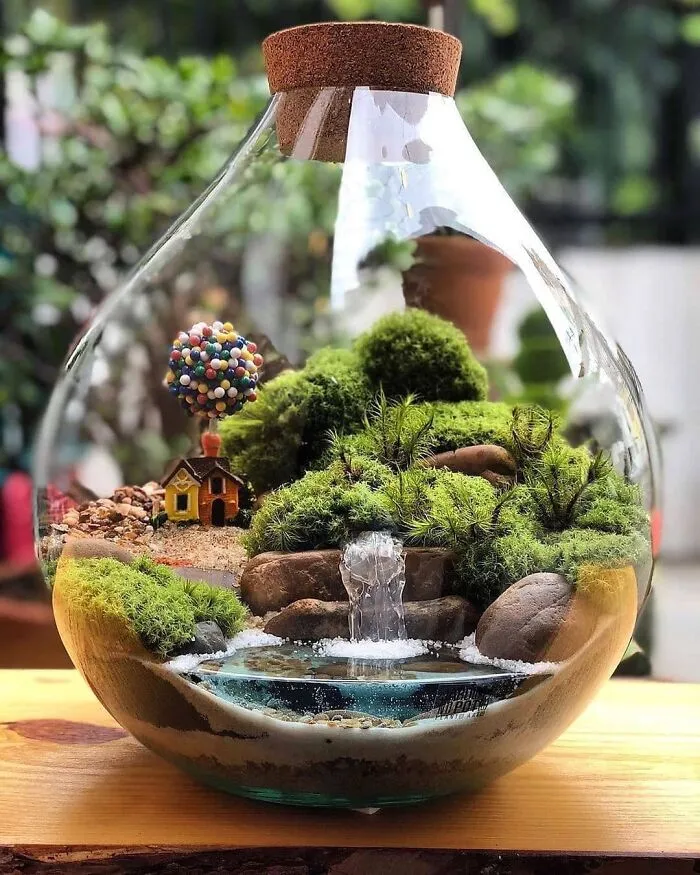 Un terrario en miniatura creado por Jardim No Pote