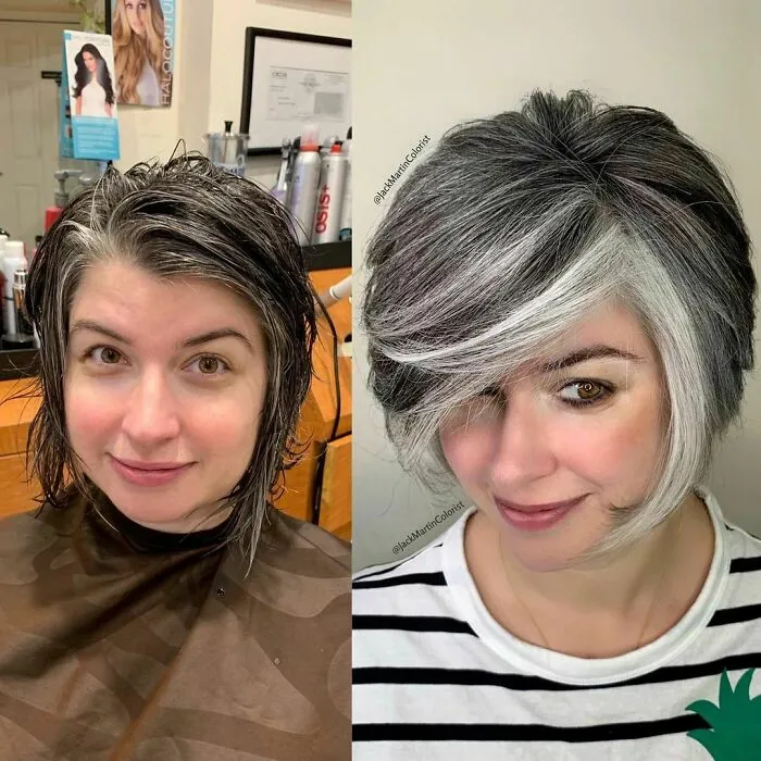 Side-by-side before and after photos of a woman embracing her natural grey hair styled by a professional hairstylist.