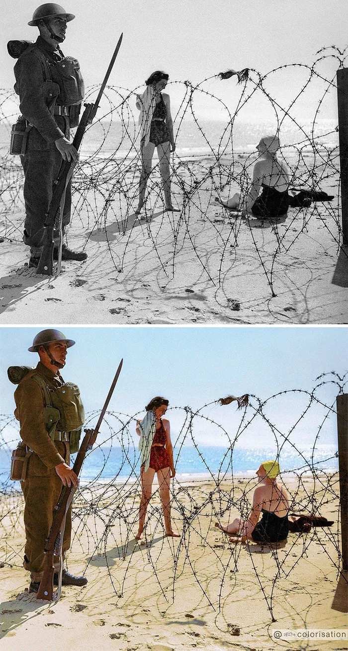 Playa en tiempos de guerra en una costa inglesa, 1941
