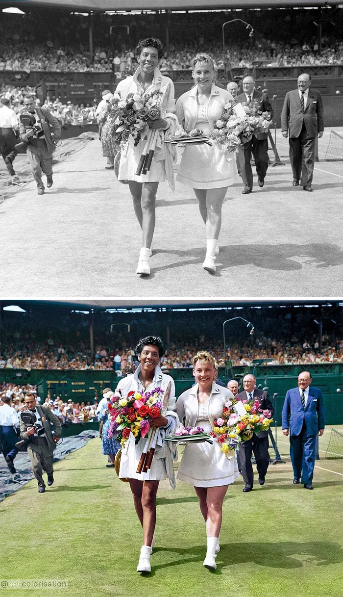 Althea Gibson ganadora del campeonato de Wimbledon con su compatriota Darlene Hard, 1957