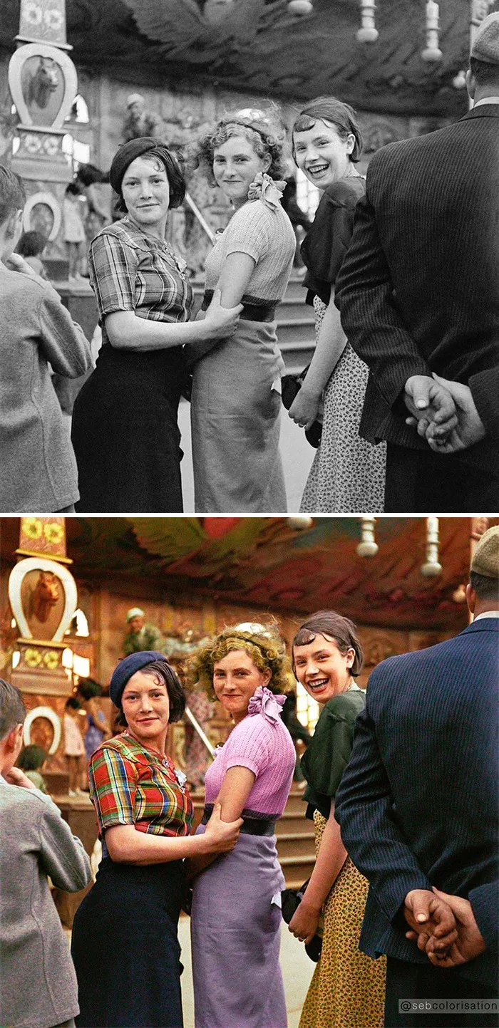 Chicas parisinas disfrutando de la feria, París, 1935