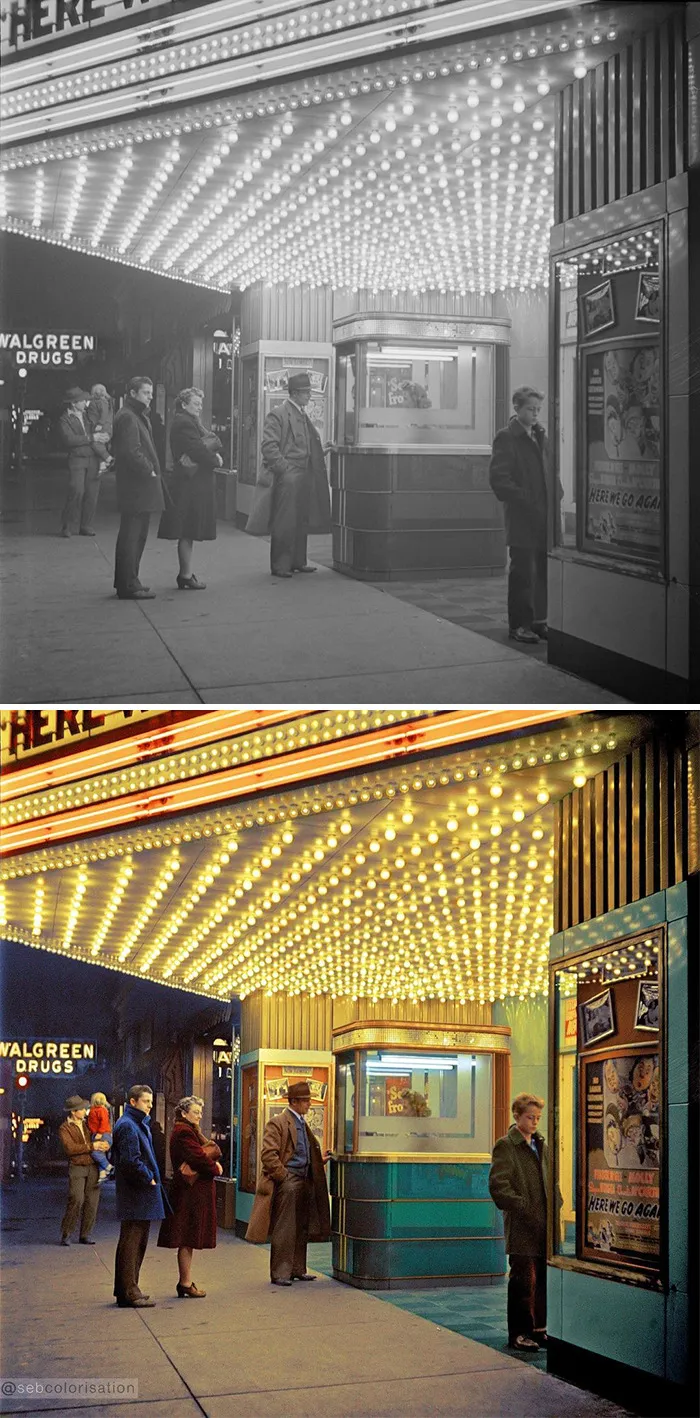 Blue Island, Illinois. La familia Senise va al cine, por Jack Delano, febrero de 1943