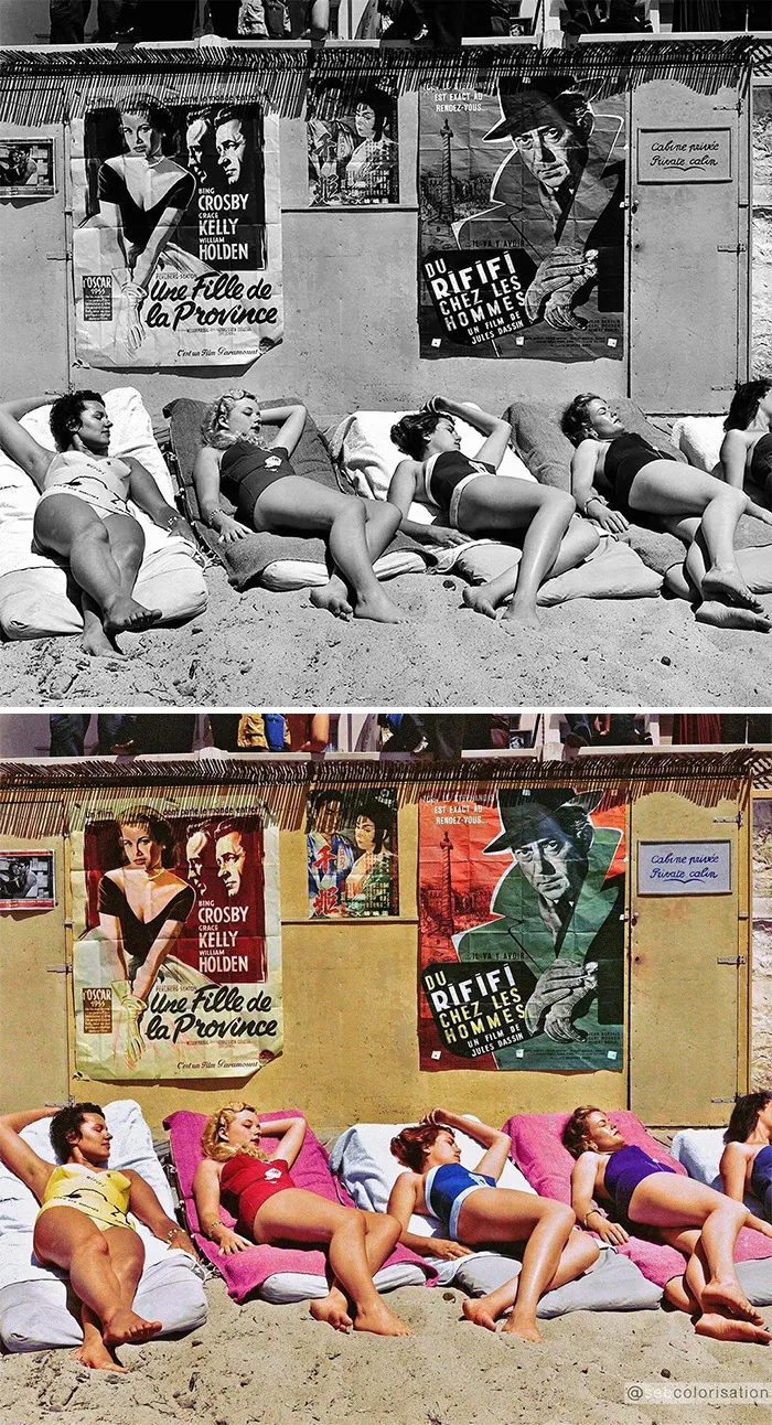 Actrices jóvenes tomando un baño de sol para la promoción de una película durante el Festival de Cine de Cannes, 1955