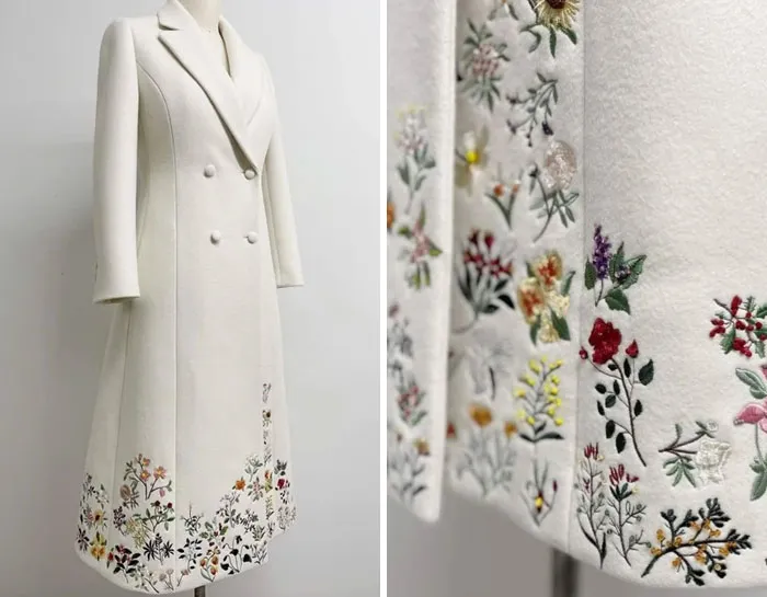 El abrigo de la Dra. Jill Biden para la noche de inauguración, con las 50 flores estatales. La diseñadora uruguayo-estadounidense Gabriela Hearst dijo que cada flor tomó entre dos y cuatro horas de bordado a mano