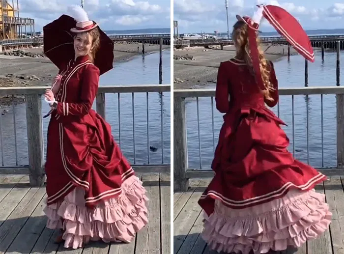 Hice un vestido victoriano, junto a un sombrero y parasol a juego, para un festival de una ciudad portuaria cercana (Patrones B6400 y TV1884, diseño propio)
