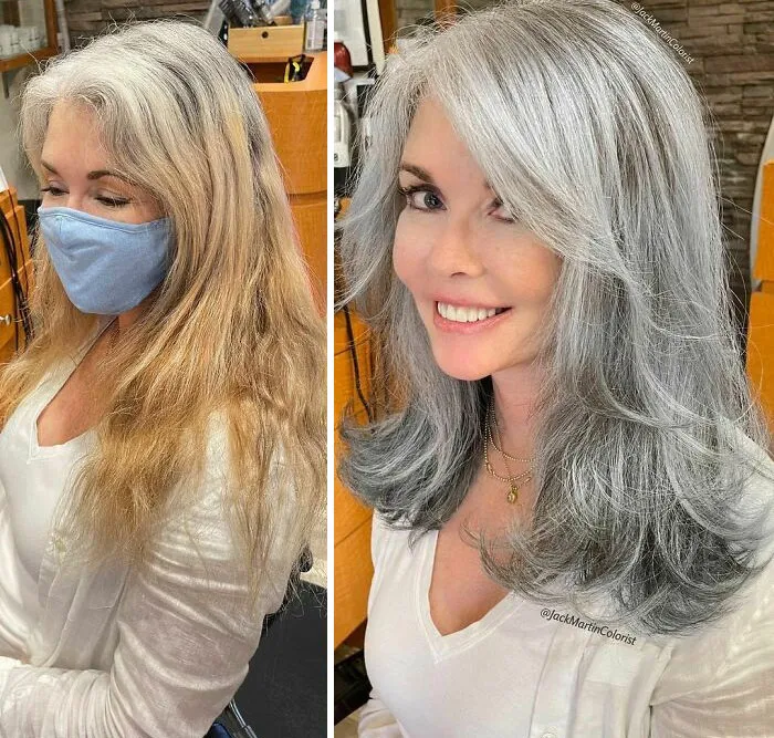 30 People Before And After Embracing Their Natural Grey Hair With The Help Of This Hairstylist (New Pics)