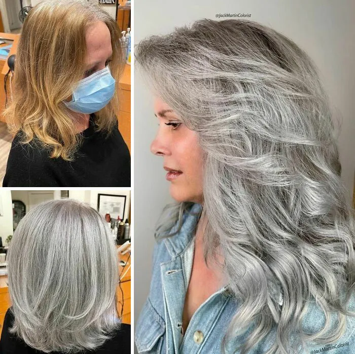Before and after photos showing natural grey hair transformation styled by a hairstylist with soft waves and layered cuts.