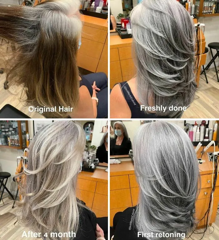 Before and after images of a woman embracing natural grey hair styled by a hairstylist in a salon setting.