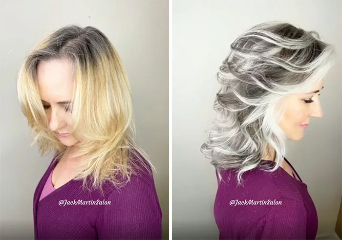 Woman before and after embracing natural grey hair, styled with soft waves and volume by a professional hairstylist.