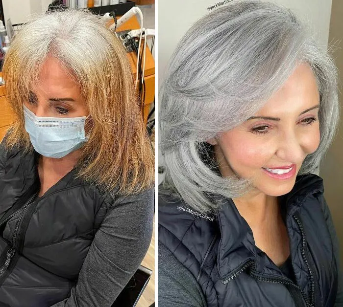 Before and after transformation embracing natural grey hair by hairstylist, showcasing a stylish and elegant look.