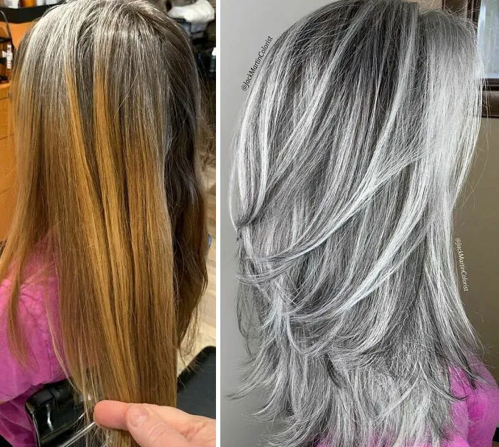 Side-by-side before and after images showing transformation to natural grey hair by a hairstylist.