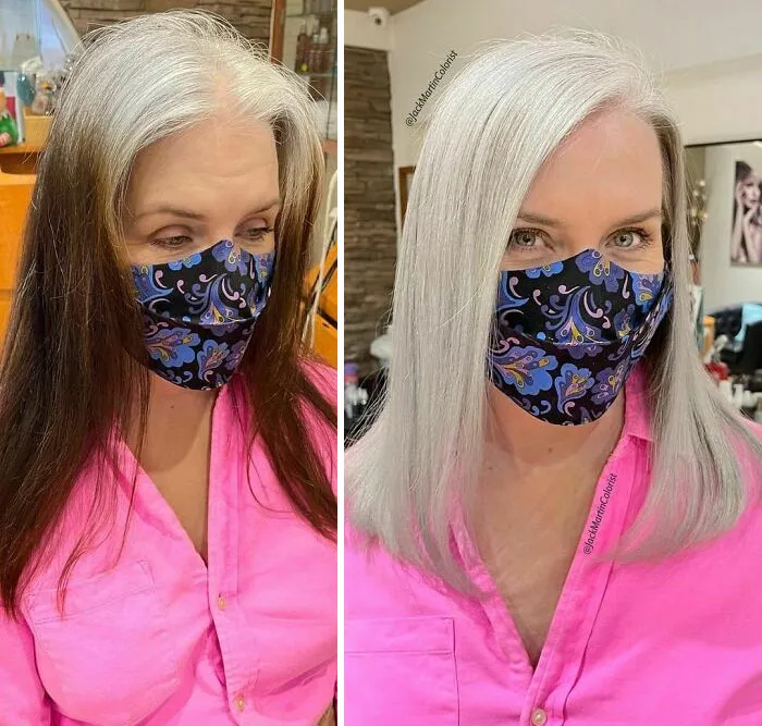 30 People Before And After Embracing Their Natural Grey Hair With The Help Of This Hairstylist (New Pics)