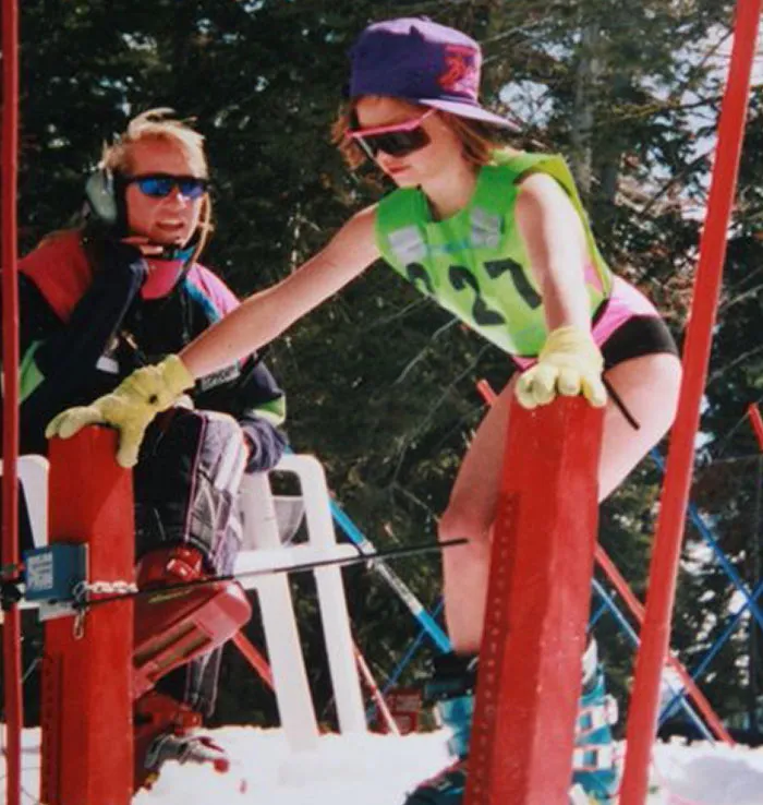 Olympic Bronze Medalist Julia Mancuso Skiing With A Swimsuit And A Sideways Cap