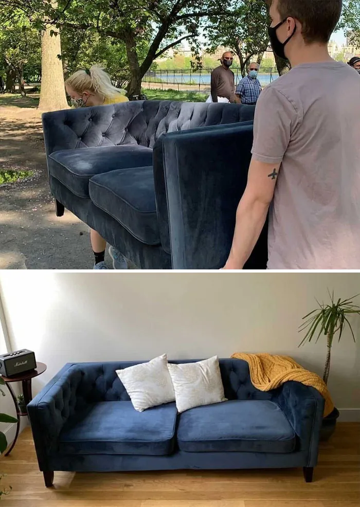 Bien, chicos, ¡prepárense para la historia! "Después de caminar 2.4 kilómetros, varios descansos y muchas palabras de apoyo de los corredores de Central Park, finalmente trajimos nuestro nuevo sofá del oeste al lado este. Gracias a Stooping!". No Nick Lahger, ¡Gracias!