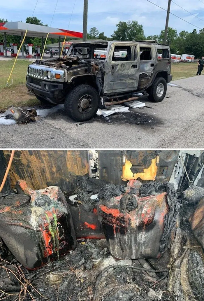 Este idiota llenó 5 bidones de gasolina por si había escasez. Los puso en su coche y encendió un cigarrillo. Todo destruido