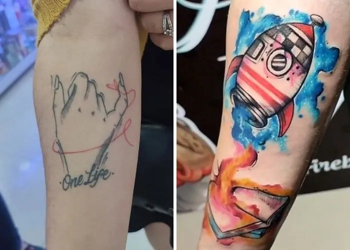 Tattoo cover-up of "One Life" with a vibrant rocket design.