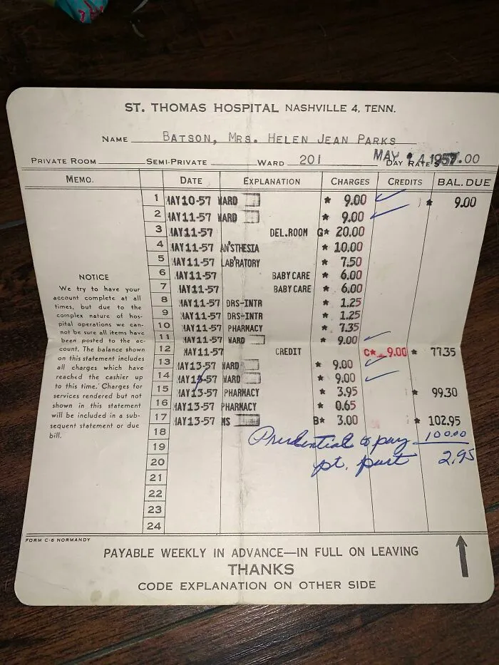 Mi abuela acaba de fallecer y encontramos la factura del hospital de cuando tuvo a mi tía en 1957. El seguro pagó 100 dólares, así que acabaron pagando 2,95 dólares por tener un bebé